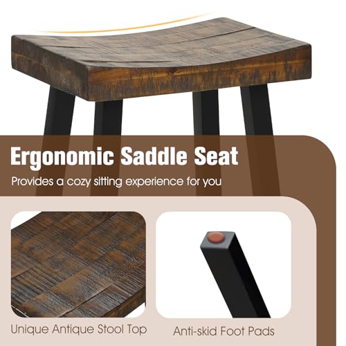Giantex Bar Stools Set of 2, 29" Bar Height Saddle Stools, Bar Dining Chairs with Rubber Wood Frame & Footrest, Backless Barstools for Kitchen Island, Dining Room, Pub, Rustic Brown Giantex