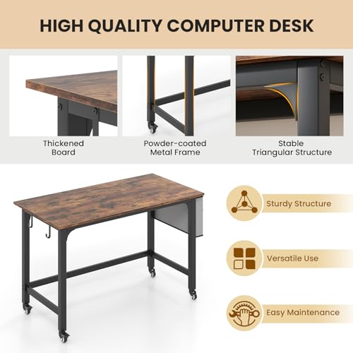 GOFLAME 4ft Conference Table Set of 2, Mobile Home Computer Desk, Meeting Room Table w/Detachable Storage Bag & 2 Headphone Hooks, Rolling Seminar Boardroom Table on Wheels, Black + Rustic Brown GOFLAME