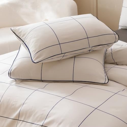 Forxiexie White Plaid Comforter Set California King White Bedding Comforter Sets Modern White Checker Bedding Set Cal King Soft Big Grid Quilt White and Blue Blankets Blue Lines Minimalist Bedding Forxiexie