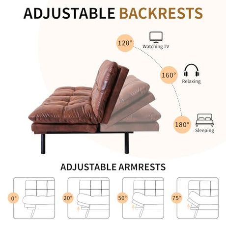 MUUEGM Convertible Memory Foam Sofa Bed with Adjustable Backrest & Armrest, Modern Futon Couch for Living Room, Office, Apartment, Space-Saving Design, Easy Assembly,Brown Leather MUUEGM