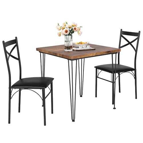 VECELO 3 Piece Dining Table Set for 2, Kitchen Table Set with 2 Chairs for Small Space, Space-Saving and Modern Design, Apartment, Easy to Assemble,Classic Brown VECELO