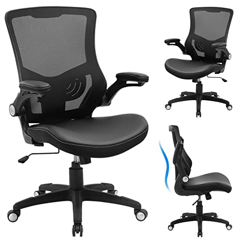 Office Chair Ergonomic Desk Chair, Computer PU Leather Home Office Chair, Swivel Mesh Back Adjustable Lumbar Support Flip-up Arms Executive Task Chair X XISHE