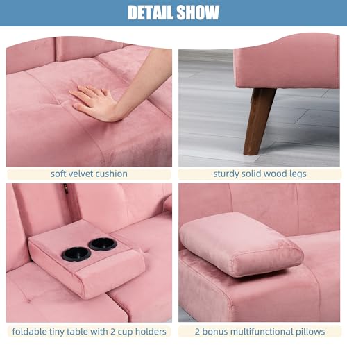 Shintenchi Futon Sofa Bed, Convertible Couch Bed Loveseat, Modern Futon Recliner Sleeper, Small Lazy Futon Set for Living Room, Office, Apartment, Pink