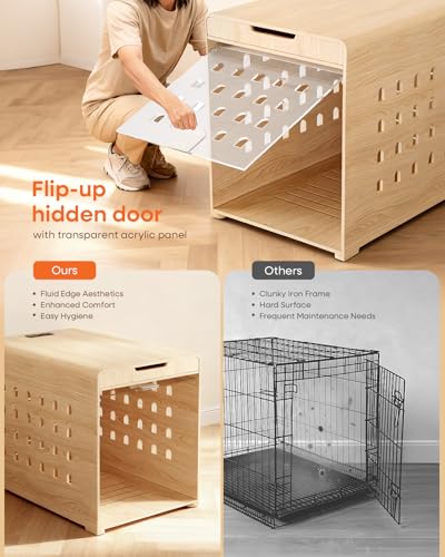Modern Dog Crate Furniture with Charging Station Large Kennel Indoor with Flip-up Hidden Acrylic Door for Large and Medium Breeds up to 110lb Wood Pet End Side Table Cage, Oak GOUUN