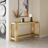 HomVent Rectangular Glass Console Table, Modern Side Sofa Table w/2 Layer Tempered Glass Living Room Table and Mirror Finished Stainless Steel Frame for Living Room Office (Gold, Console Table) HomVent