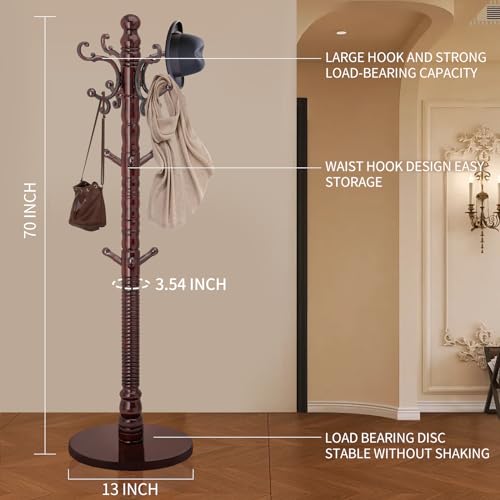 LOZABEE Wood Coat Rack Stand, Vintage Wooden Coat Rack Freestanding with Sturdy Round Base,Classic Coat Racks with 14 Hooks, Natural Birch Wood Standing Coat for Entryway (Vintage Round chassis)