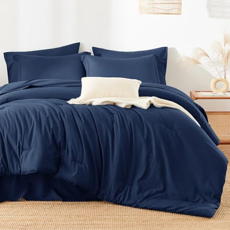 HIMEET Queen Comforter Set - 7 Pieces Bed in a Bag Queen Size, Luxury Comforter Set with Sheets for All Season, Bed Set with Comforter, Flat Sheet, Fitted Sheet, Pillowcases & Shams, Navy Blue HIMEET