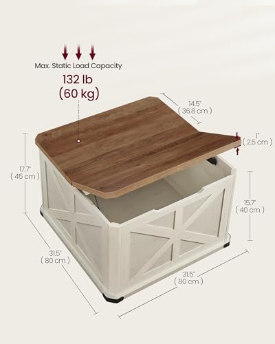 VASAGLE Farmhouse Coffee Table with Storage, Square Coffee Table for Living Room, Center Table with Flip-Top Lids, Honey Brown and Rustic White ULCT232W73 VASAGLE