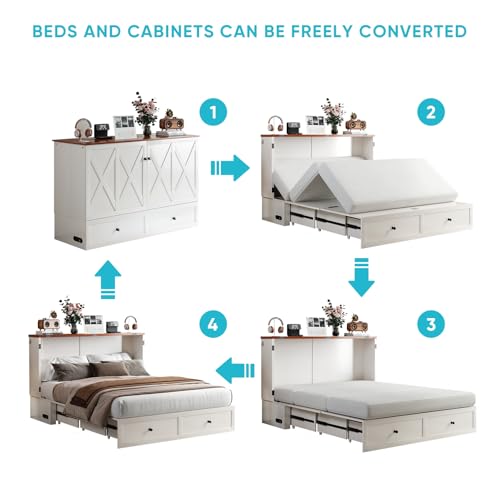 CECER Queen Size Murphy Bed with Tri-Folding Mattress，Murphy Bed Queen with 2 Large Storage Drawers and Charging Station for Small Spaces/Bedroom/Guest Room-（White） CECER