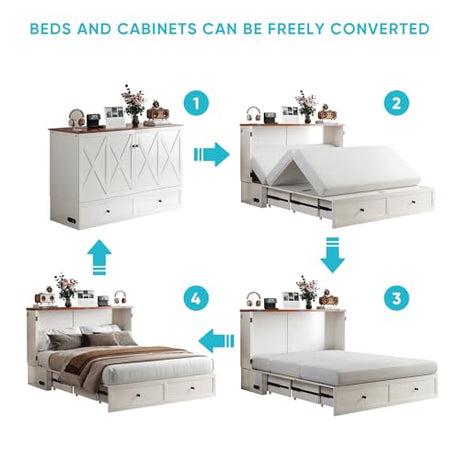 CECER Queen Size Murphy Bed with Tri-Folding Mattress，Murphy Bed Queen with 2 Large Storage Drawers and Charging Station for Small Spaces/Bedroom/Guest Room-（White） CECER