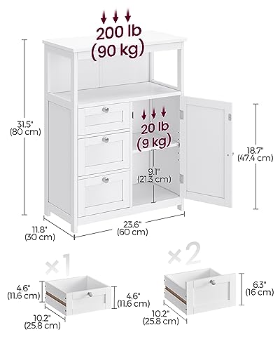 VASAGLE Bathroom Floor Storage Cabinet, Bathroom Storage Unit with 3 Drawers, Bathroom Cabinet Freestanding, Adjustable Shelf, 11.8 x 23.6 x 31.5 Inches, White UBBC542P31V1 - WoodArtSupply