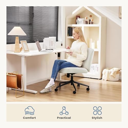 DUMOS Criss Cross Chair with Wheels, Legged Office Armless Wide Desk Seat Dual-Purpose Base, Adjustable Swivel Leather Task Vanity Home Office Desk Seating, Cream DUMOS