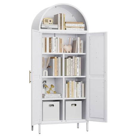 JAORD Metal Arched Kitchen Pantry Cabinet with 4 Adjustable Shelves, Farmhouse Arched Cabinet with 2 Doors for Kitchen,Bedroom,Living Room,White, Assemble Required,13.8" D x 27.6" W x 66.9" H JAORD