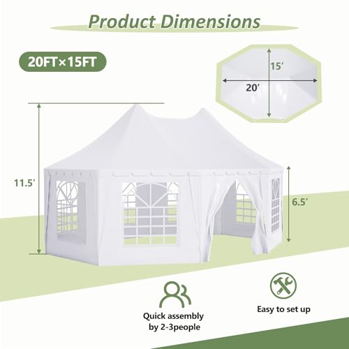 Outdoor Party Tent 20 X 15 FT White Party Tents for Parties with 2 Doors and 6 Removable Sidewalls Wedding Tents Double Pointed Top Design Heavy Duty Canopy for Weddings Backyard Events RocVanc
