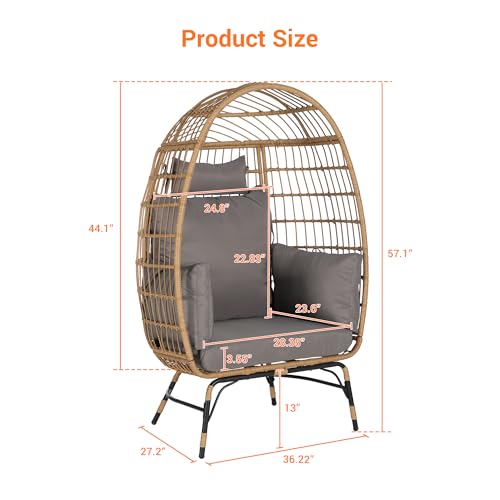 Oversized Patio Egg Chair, Wicker Rattan Egg Chair for Adult, Indoor Outdoor Patio Large Wicker Basket with Water-Resistant Cushion, Outdoor Lounge 360Lbs Capacity - Dark Gray cattino