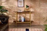 Glass Console Table for Living Room, Foyer & Entrance, 2-Tiers Mid-Century Modern Sofa Table with Amber Glass Top, 41" D x 14" W x 31.5" H, Walnut Finish Wood Shelf and Gold Finish Frame Shrine