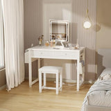 Lufeiya Small Makeup Vanity Desk with Fabric Drawers, 32 inch White Vanity Desks with Mirror and Light, Dressing Table and Chair Set with Power Outlet for Girls Bedroom, White Lufeiya