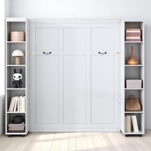 MERITLINE Queen Murphy Bed Cabinet with Storage Bookshelf Bookcase, Wood Hidden Foldable White Murphy Wall Bed with Storage Shelves for Adults MERITLINE