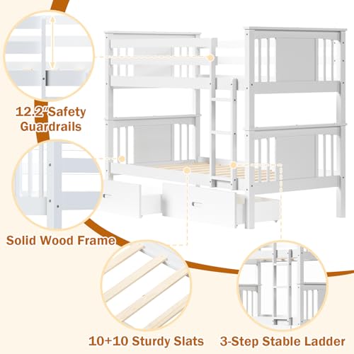 FUQARHY Bunk Bed Twin Over Twin with Storage Drawers, White Convertible Wood Twin Bunk Beds with Ladder and Safety Guardrail, No Box Spring Needed (White) FUQARHY