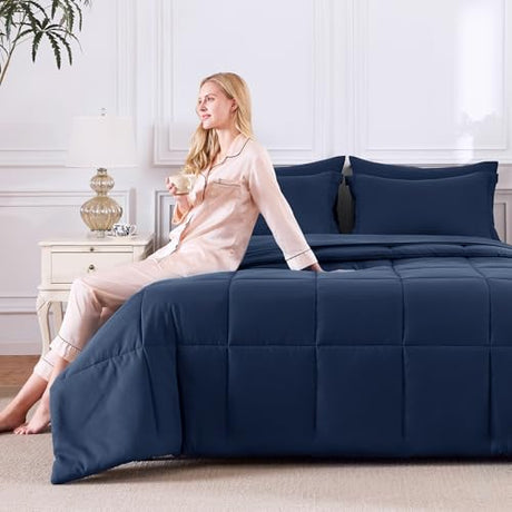 CozyLux Full Size Comforter Sets Navy Blue - 7 Pieces Bed in a Bag Full, Oeko-Tex Certified Bed Set, All Season Soft Bedding Set with Down Alternative Comforter, Sheets, Pillowcases & Pillow Shams CozyLux