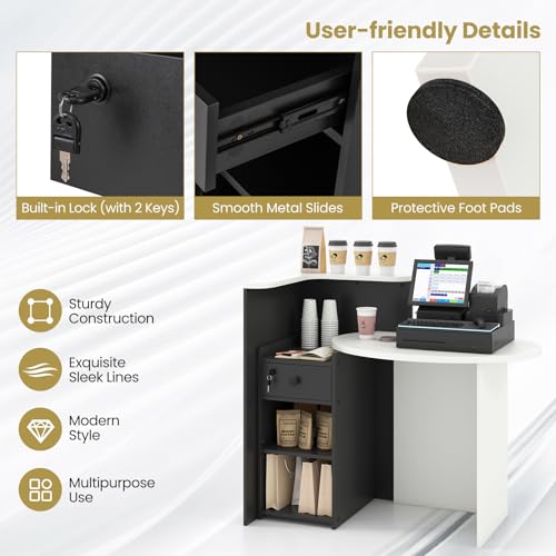 Giantex Reception Desk, Front Counter Desk with Lockable Drawer, Checkout Table with Round Tabletop, Corner Shelf & Adjustable Shelf for Office Beauty Salon Retail Store (Black & White)