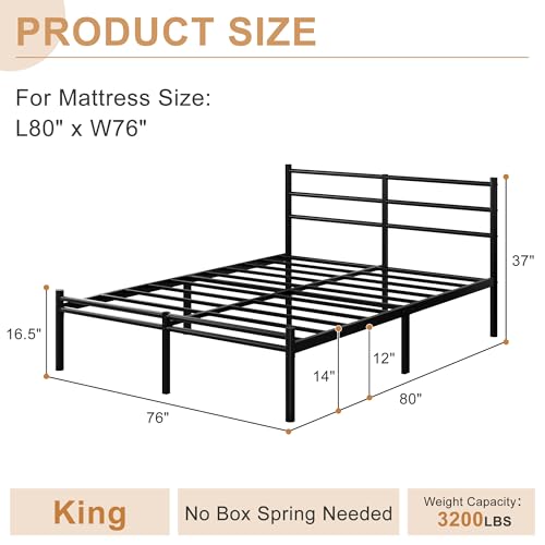 Yicensen King Size Bed Frame with Headboard and Footboard, 14 Inch Metal Platform King Bed Frame with Steel Slat Support, No Box Spring Needed, Noise Free, Easy Assembly, Black Yicensen