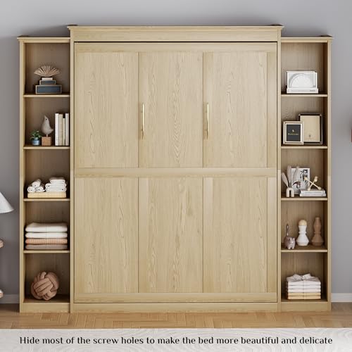 Rophefx Queen Murphy Bed Cabinet with 5-Tier Adjustable Storage Shelves, Wood Queen Wall Bed Cabinet Bed, Space Saving Beds, Hidden Bedframe, Foldable Platform Beds for Guest Room, Natural Wood Color Rophefx