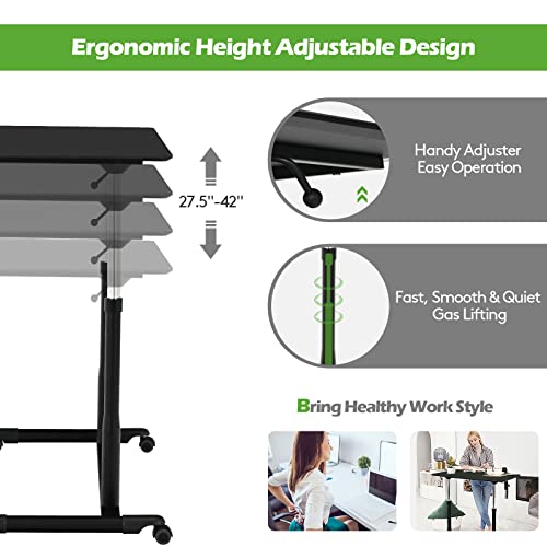 COSTWAY Mobile Height Adjustable Standing Desk, Compact Pneumatic Sit to Stand Computer Desk w/Lockable Casters, Ergonomic Rolling Laptop Table w/Steel Frame for Home Office (Black) COSTWAY