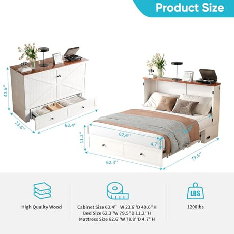 CECER Queen Size Murphy Bed with Tri-Folding Mattress，Murphy Bed with Charging Station and Two Large Storage Drawers for Small Spaces/Bedroom（White） CECER