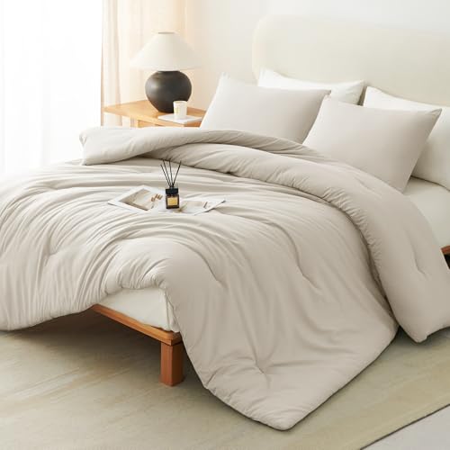 CozyLux Beige Queen Comforter Set, 3 Pieces Boho Solid Breathable Quilted Style Bedding Sets, Luxury Fluffy Soft Bed Set with Down Alternative Comforter for All Season (1 Comforter & 2 Pillowcases) CozyLux