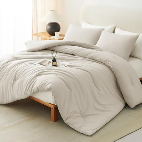 CozyLux Beige Queen Comforter Set, 3 Pieces Boho Solid Breathable Quilted Style Bedding Sets, Luxury Fluffy Soft Bed Set with Down Alternative Comforter for All Season (1 Comforter & 2 Pillowcases) CozyLux
