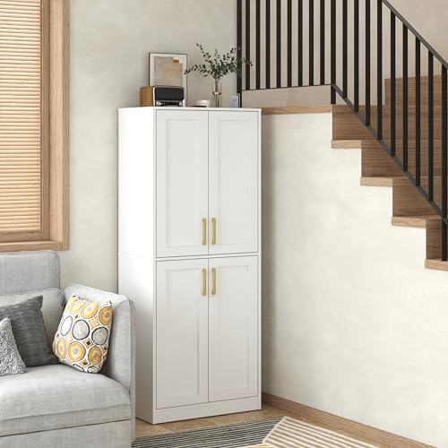 Hamesen Storage Cabinet, Kitchen Pantry with Doors & Shelf, Tall Storage Cabinet for Bathroom, Living Room, Entryway,White Hamesen