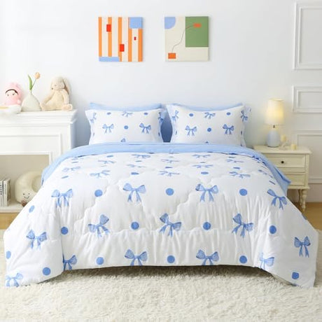 Wajade 7 Piece Blue Bow Comforter Set for Girls Kids Twin Size Bedding Set with Sheet and 2 Pillowcases 2 Pillow Shams Cute Girls Bed in a Bag as Birthday Choice Wajade