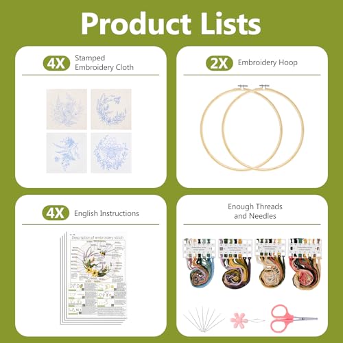 Santune 4 Pack Embroidery Kit for Beginners,Needlepoint Cross Stitch Kits for Adults,Needle Point Sets with Bee Flower Pattern Stitch Video Tutorial