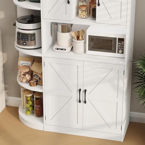 Vabches Farmhouse Pantry Cabinet, Kitchen Pantry Storage Cabinet with Sliding Door, Rustic Buffet Sideboard with Microwave Stand, Freestanding Cupboard with Shelves for Dining Room, White Vabches