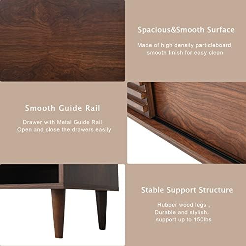 Whalefall Mid Century TV Stand for 65+ Inch TV, Entertainment Center with Sliding Door, Drawer, Storage Shelves, Mid Century Modern Media TV Console, Boho Television Stand for Living Room (59",Brown) Whalefall