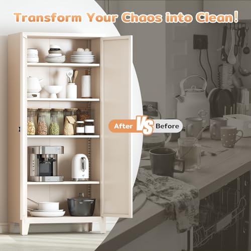 Zevemomo 70.87" Tall Metal Storage Cabinet with 3-Digit Combination Lock, Steel Pantry Cabinet with 4 Adjustable Shelves & 2 Doors, Secure Freestanding Organizer for Home, Office, Garage, Beige Zevemomo