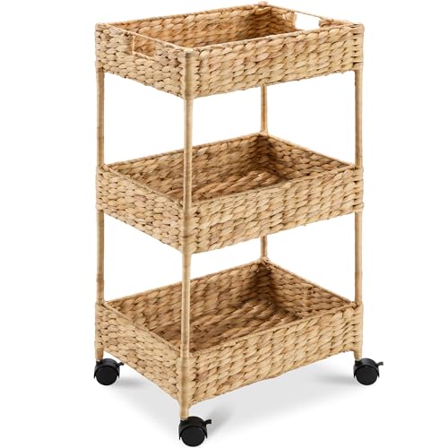 Best Choice Products 3-Tier Water Hyacinth Rolling Nursery Caddy w/Wheels, Utility Cart, Storage Organization for Bathroom, Craft Room, Laundry Room - Natural