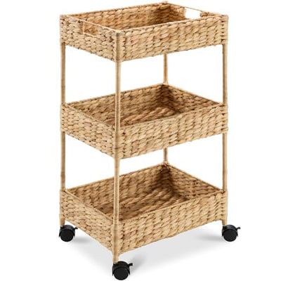 Best Choice Products 3-Tier Water Hyacinth Rolling Nursery Caddy w/Wheels, Utility Cart, Storage Organization for Bathroom, Craft Room, Laundry Room - Natural