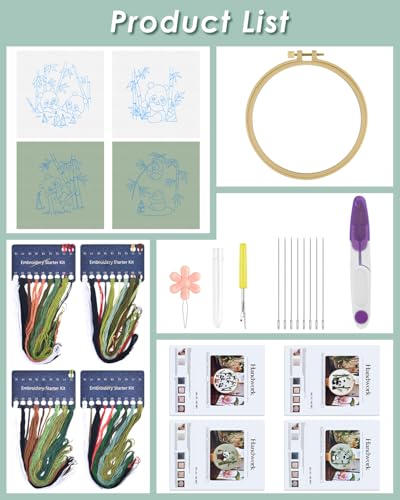ERKOON 4 Sets Embroidery Kit for Beginners, Animal Cross Stitch Set for Adult Include Embroidery Cloth Hoops Threads for Craft Lover Hand Stitch (Panda) ERKOON