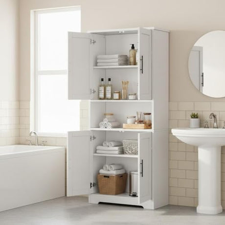 LIZHOUMIL 70" Tall Bathroom Storage Cabinet with Doors, Adjustable Shelves and Open Center Storage, Freestanding Bathroom Organizer,White LIZHOUMIL