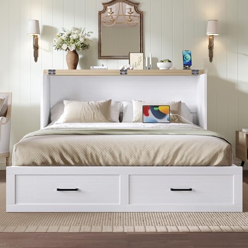 Bellemave Queen Murphy Bed, Cabinet Bed with Charging Station and 1 Large Storage Drawer, Farmhouse Murphy bedframe with Foldable Panel, Noisy Free, for Guest Bedroom, Living Room, White Bellemave