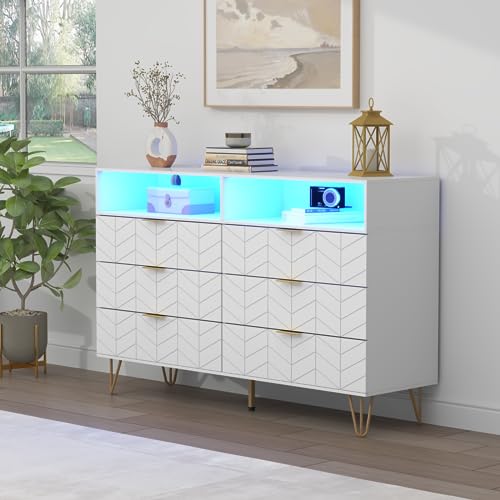 Loomie 6 Drawers Double Dresser with Power Outlet & LED Light,White Long Dresser Chests of Drawers with Storage Cubby,Wood Wide TV Dresser Stand for up to 55" for Bedroom,Hallway,Entryway Loomie