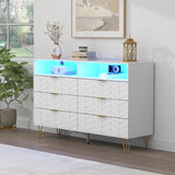 Loomie 6 Drawers Double Dresser with Power Outlet & LED Light,White Long Dresser Chests of Drawers with Storage Cubby,Wood Wide TV Dresser Stand for up to 55" for Bedroom,Hallway,Entryway Loomie