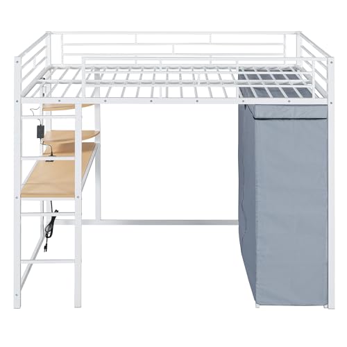 Harper & Bright Designs Loft Bed Full Size with Desk, LED Lights,Charging Station, Full Metal Loft Bed Frame with Wardrobe & Storage Shelve, 12.4" H Safety Guardrail, No Box Spring Needed,White Harper & Bright Designs