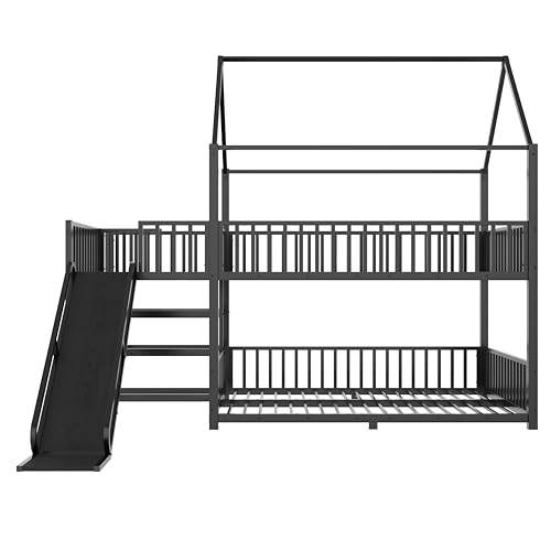 Bellemave Metal Bunk beds Full Over Full with Slide and Storage Stairs, House Floor bunk Bed with guardrail for Kids,Black Bellemave