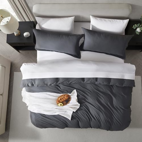 Hearth & Harbor Full Duvet Cover Set - Full Soft Prewashed Dark Grey Duvet Cover, 3 Piece Set with Zipper Closure, 1 Duvet Cover 80x90 inches and 2 Pillow Shams Hearth & Harbor