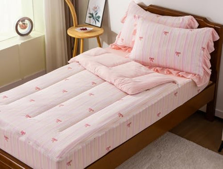 Meeting Story 3pcs Kids Comforter Set Twin Zipper Bedding Set for Girls,Bow Bedding Set Princess Comforter Set for Kid,All in one Zipper Bedding（Lightpink,Twin） Meeting Story