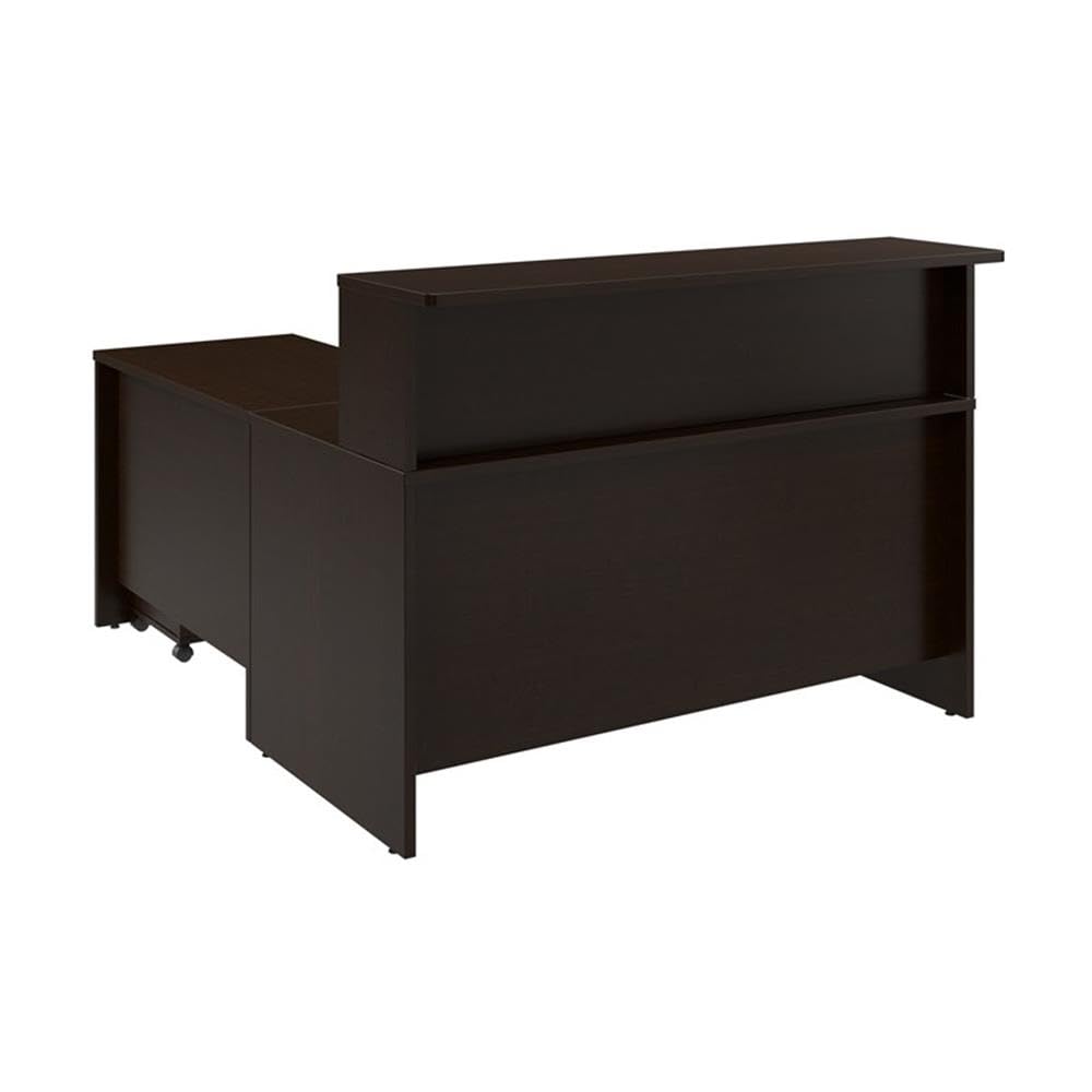 Bush Business Furniture Arrive 60W x 72D L Shaped Reception Desk with Shelf and Mobile File Cabinet in Mocha Cherry Bush Furniture