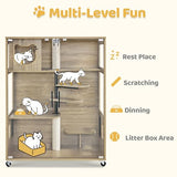 Lovupet Wooden Cat House with Scratching Posts, Luxury Large Cat Condo with Lockable Wheels, Indoor Kitten Cage with Escape Door, GC11 Lovupet